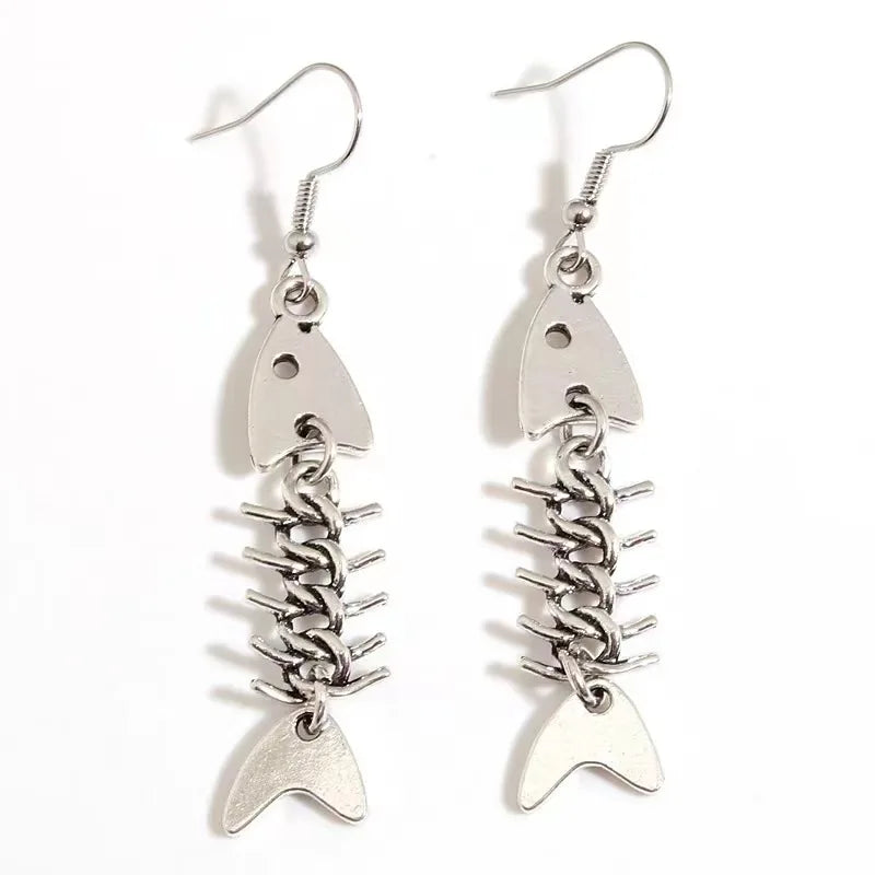 Fashion Handmade Simple Design Antique Silver Color Fish Bone Earrings